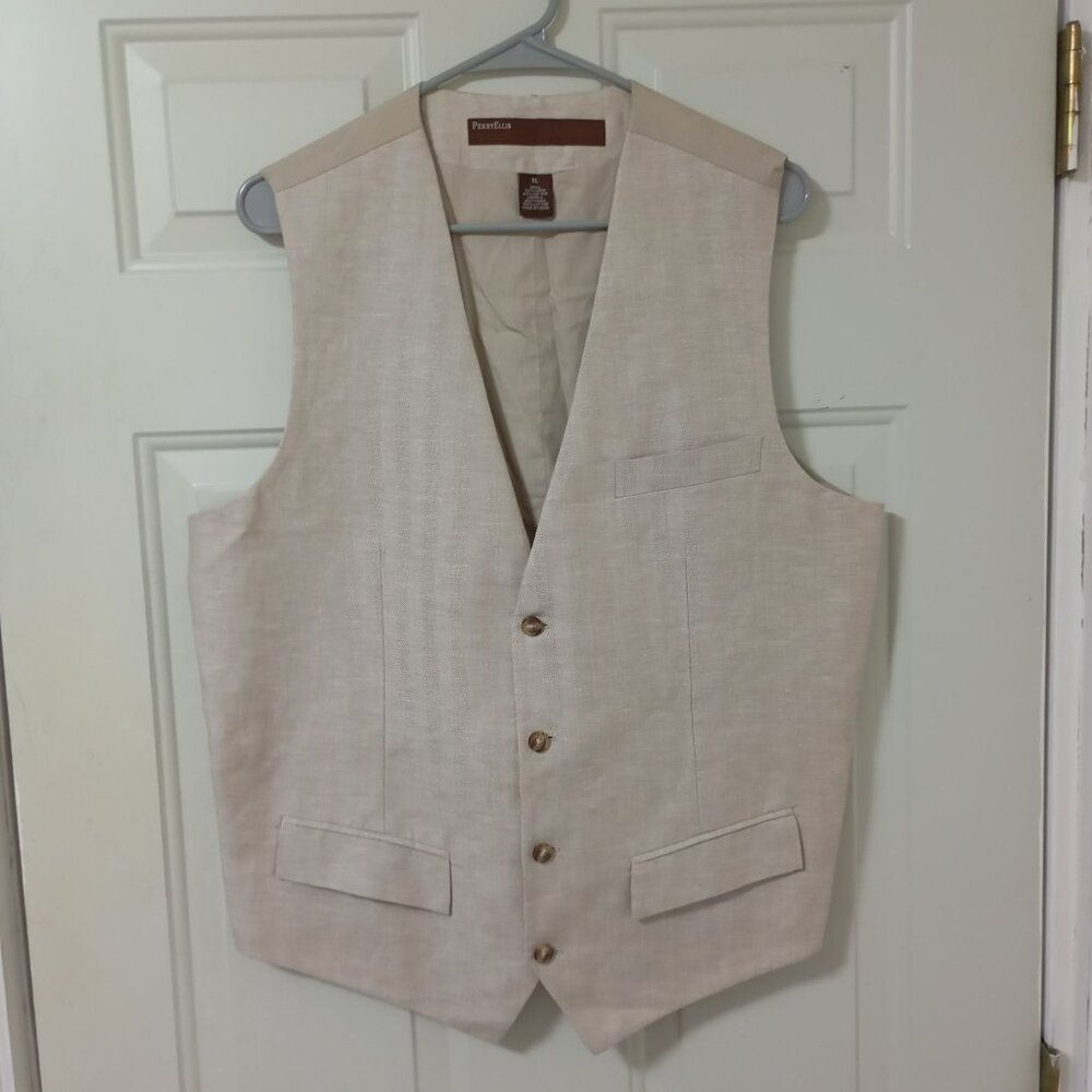 Perry Ellis XL Beige Linen-Cotton Blend Mens Vest With Pockets